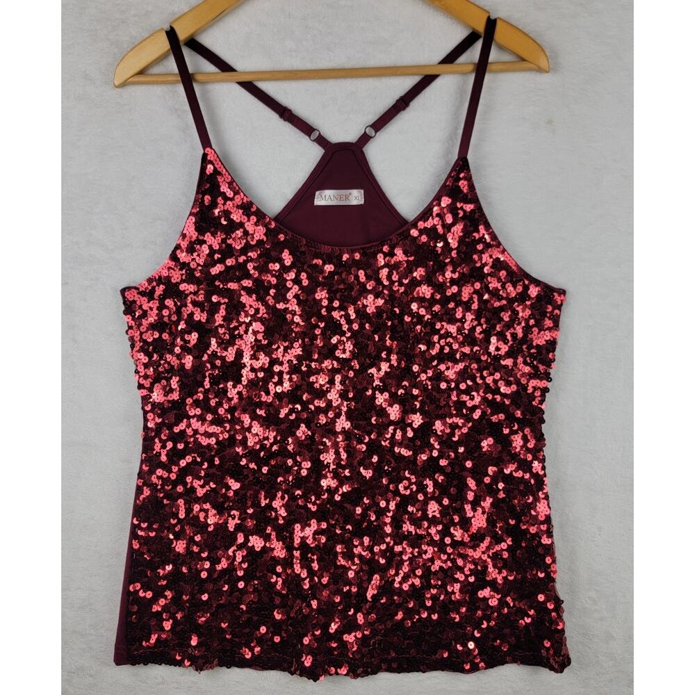 Bohemian L Tank Top Knit Sleeveless Strsppy Burgundy Sequins Club Party Date